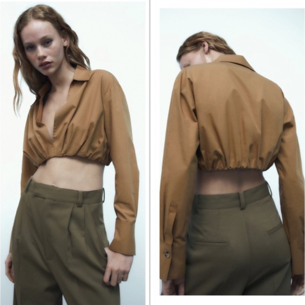 NWT Zara V-Neck Lapel Collar Cropped Poplin Shirt